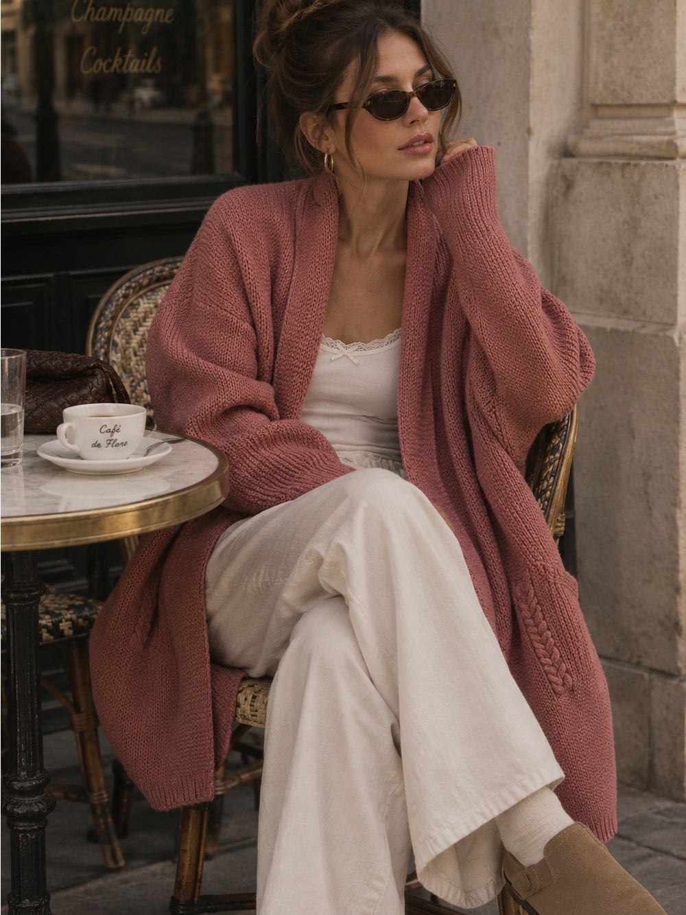 Islander Ireland Wool Cardigan Rose Pink Longline Fisherman Knit Boho Fall Cozy